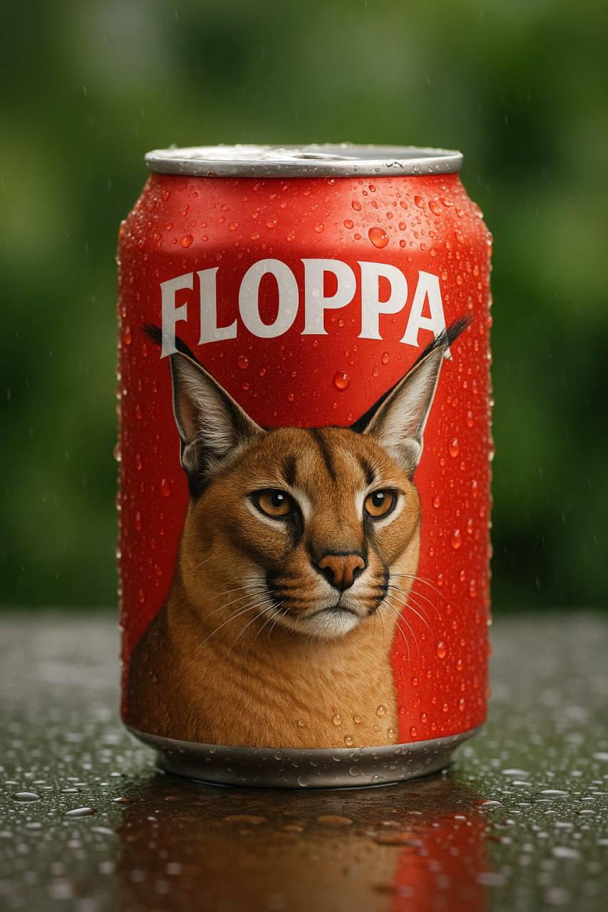 A red soda can with FLOPPA and a caracal printed on it
